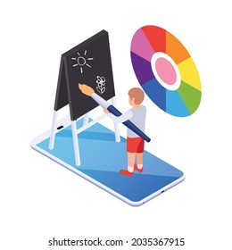 Online art lesson at home isometric composition with boy brush pallette board smartphone vector illustration