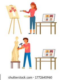 Online art masterclass, vector illustration. Sculptor carving woman sculpture using chisel and hammer, artist painting flowers on easel in front of audience on laptop screen. Art lesson video tutorial