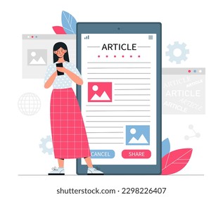 Online article concept. Woman looking for information on Internet, young girl on website reads text with pictures. Interesting content for web page, mass media. Cartoon flat vector illustration