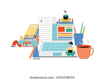Online article writing - team of young cartoon character writers in creative process, media business journalists making internet content on laptop, isolated flat hand drawn vector illustration