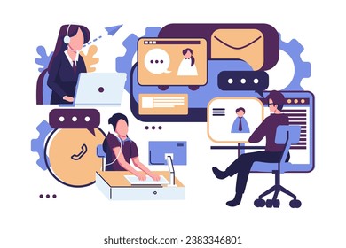 online asistance on the work, working together at company flat vector illustration