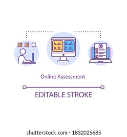 Online assessment concept icon. Digital assignments. Distance education. Student performance evaluation idea thin line illustration. Vector isolated outline RGB color drawing. Editable stroke