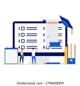 Concepto de ilustración vectorial de evaluación en línea con caracteres, computadora grande y sitio de prueba. Estilo plano moderno para página de inicio, aplicación móvil, afiche, plantilla, banner web, infografías, imágenes de héroes.