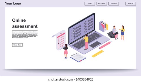 Online assessment webpage vector template with isometric illustration. Students completing online & paper exam. E-courses website interface design. Remote education webpage, mobile app 3d concept