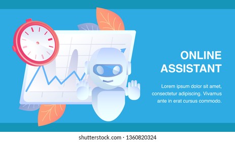 Online Assistance Flat Banner Vector Template. Internet Business, Time Management Help. Financial Advice. Digital Assistant, Virtual Helper. Artificial Intelligence Illustration with Text Space