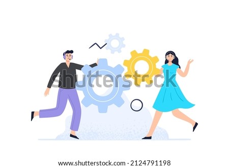 Online assistans fix customer problems. Live chat operators. Customer support department staff, telemarketing agents. Online global technical support 24 7 concept. Vector flat illustration.