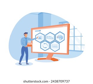 Online assistant 1. Remote consultant helping customer during call to virtual shop.  flat vector modern illustration 