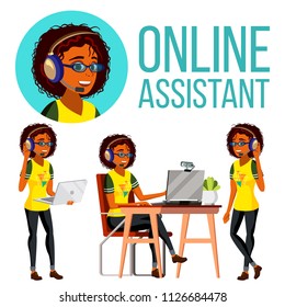 Online Assistant African Woman Vector. Headphone, Headset. Call Center. Technical Support. Dispatcher. Illustration