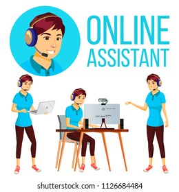 Online Assistant Asian Woman Vector. User Support Service. Hotline Operator. Illustration
