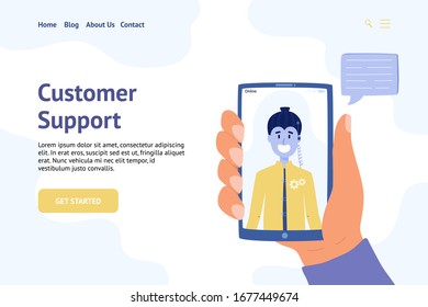 Online assistant banner template for web design. Chatbot concept with a robot. Customer support, conversation with bot. Hand holding smartphone vector illustration 
