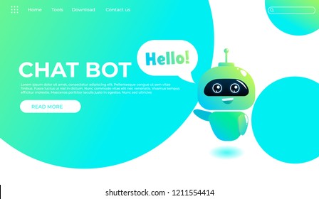 Online assistant bot landing page template. Technical support design  for web page. Virtual help website. Chatbot say Hello. Vector cartoon illustration