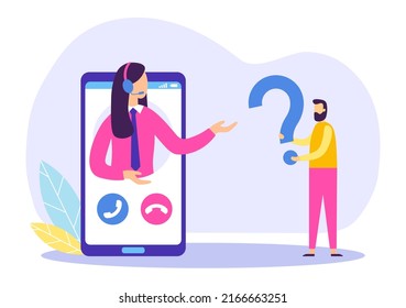 Asistente en línea que se comunica con los clientes a través del teléfono móvil. Operador de centro de llamadas que responde preguntas y peticiones. Cliente de caricatura que necesita un vector de soporte técnico. Mujer con auriculares de cabeza que proporciona ayuda