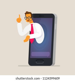 Online assistant. The concept of assistance and counseling through a mobile device. Consultant in the smartphone. Vector illustration in a flat style