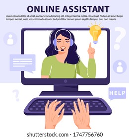 Online assistant concept. Hands typing on keyboard and search answer your question. Computer screen with woman operator. Employee have idea. Online technical support 24/7. Vector banner illustration.