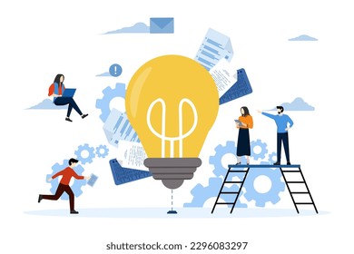 Konzept der Online-Assistenzkraft bei der Arbeit. Online-Werbung. Manager mit Team auf der Suche nach neuen Ideen Lösung, Zusammenarbeit in Unternehmen, Brainstorming, Vektorgrafik in flachem Cartoon-Stil.