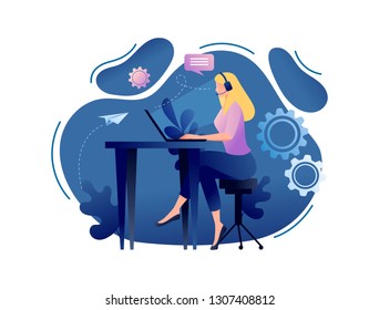 Online assistant - customer and operator, online technical support 24-7. Female hotline operator advises client, virtual help service. Flat concept vector illustration for web, landing page, banner