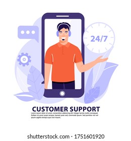 Online assistant or customer support concept. Man operator on phone screen with headset talking with client. Vector banner illustration.