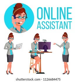 Online Assistant European Woman Vector. Headphone, Headset. Helpline Operator. Website Support. Illustration