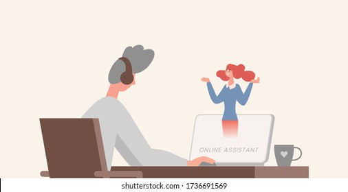 Online assistant flat illustration. Young man sitting at the table in front of computer with an earpiece on head. Support, freelance, virtual office, or outsourcing cartoon character.