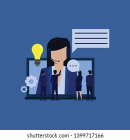 Online assistant help receive complain bring new idea. Illustration For Wallpaper, Banner, Background, Book Illustration, And Web Landing Page.
