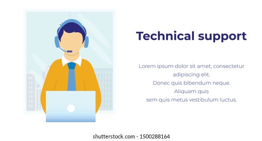 Online Assistant Help and Technical Support. Cartoon Man Operator Fix Client Problem Consulting Customer Illustration. Virtual Helpline Service and Hotline in Call Center. Promotion Text Vector Banner