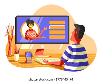 Online Assistant Illustration, Helping Customer via Video Call. This illustration can be use for website, landing page, web, app, and banner.
