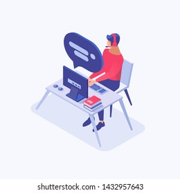 Online assistant isometric color illustration. Customer support male consultant, marketer, trader, office worker at workplace 3d cartoon character. Consultation, telemarketing, speech bubble