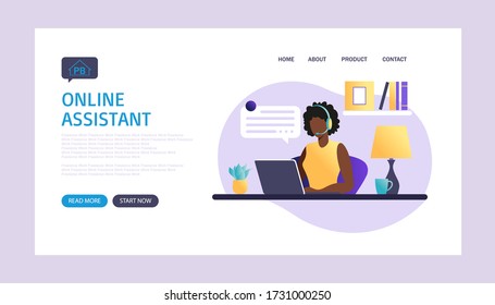 Online assistant landing page. african american woman with headphones with computer. Concept illustration for support, assistance, call center. Virtual help service. Vector illustration in flat.
