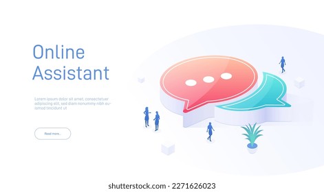 Online assistant landing page template. Big chat icon and little people silhouette. Can be used for web banners, infographics. Isometric modern vector illustration.