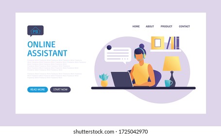 Online assistant landing page. Woman with headphones with computer. Concept illustration for support, assistance, call center. Technical support. Virtual help service. Vector illustration in flat.