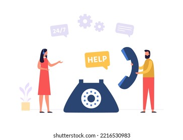 Asistente en línea. Hombre llamando a atención al cliente y pidiendo ayuda. Asistente de personajes femeninos en audífonos que apoyan al cliente. Persona de dibujos animados contactando con un consultor ilustrador vectorial