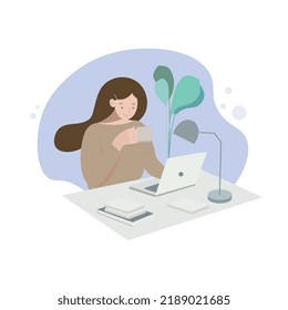 Online assistant. Online operator. Female character working with laptop. Illustration in flat style.