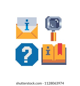 Online assistant pixel art icons set, Hotline, support service. Messages, magnifying glass, contact book and question mark sign. Isolated vector illustration. Design for stickers, logo, app. 