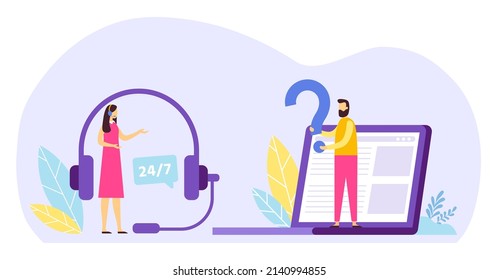 Online assistant use headphone and laptop online. Vector illustration of online support and help service for customer, communication contact