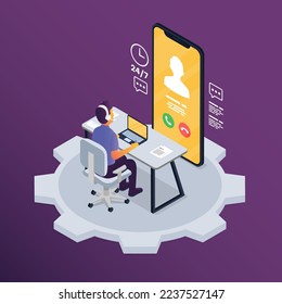 Online assistant, user help, frequently asked questions. Call center worker cartoon character. Isometric customer support illustration