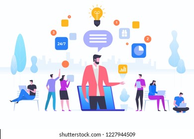 Online Assistant, Virtual Help Service. Advises Client. Concept Customer And Operator, Online Technical Support 24/7 For Web Page, Banner, Presentation, Social Media, Documents. Vector Illustration 