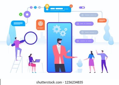 Online assistant, virtual help service. Advises client. Concept customer and operator, online technical support 24/7 for web page, banner, presentation, social media, documents. Vector illustration 