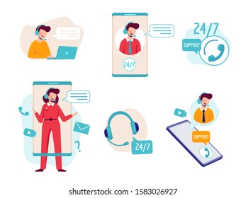 Online assistant. Virtual operator chat help technical support headset helpline service vector concept pictures Online assistant. Virtual operator chat help technical support headset helpline service vector concept pictures
