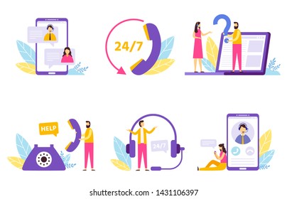 Online assistant. Virtual technical support service, personal assist and hotline operator communication. Network it client helping customer or technical consult. Isolated vector illustration icons set