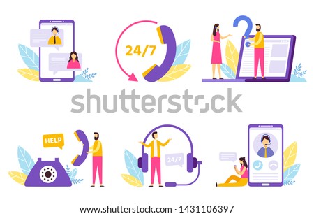 Online assistant. Virtual technical support service, personal assist and hotline operator communication. Network it client helping customer or technical consult. Isolated vector illustration icons set