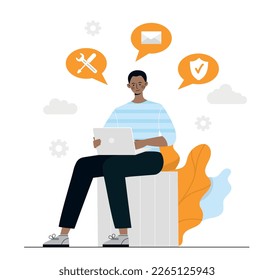 Online assistant for work. Man with laptop corrects errors in program and application code. Remote manager, promotion in social networks and SEO website optimization. Cartoon flat vector illustration