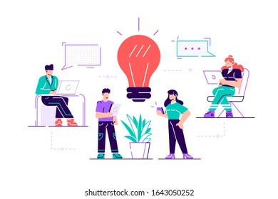 Online assistant at work. promotion in the network. Manager at remote work, searching for new ideas solutions, working together in the company, brainstorming. Modern flat style vector illustration