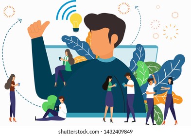 Online assistant at work Promotions in the network Managers at remote locations find new ideas, solutions, work together in brainstorming companies. Big business man like and thumb up success. vector.