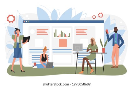 Online assistant at work vector illustration. Cartoon customer call center, online global technical support consultant assistance, hotline operator working, advising client in virtual help service