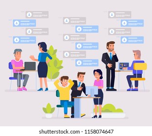 Online assistant at work. Working together in the company. Brainstorming. Promotion in the network. Manager at remote work. Searching for new ideas solutions. Vector flat illustration