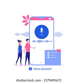 Online assistant. Young people use speaker recognition, voice control, virtual assistant, identification, hotline operator. Vector illustration concept of flat design.