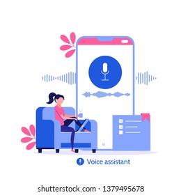 Online assistant. Young people use speaker recognition, voice control, virtual assistant, identification, hotline operator. Vector illustration concept of flat design.