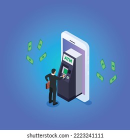 Online ATM Bank Isometric 3d Vector Illustration Concept For Banner, Website, Illustration, Landing Page, Flyer, Etc.