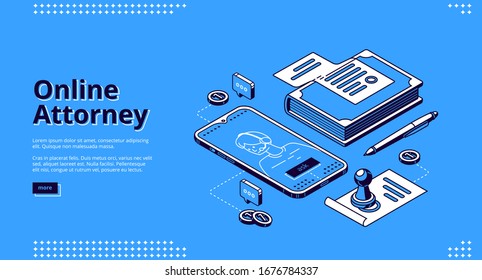 Online Attorney Isometric Landing Page. Digital Smartphone Application Or Internet Service For Law Consultation, Legal Advice. Mobile Phone App, Judgement, Legislation 3d Vector Line Art Web Banner