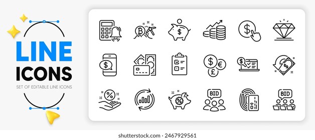 Subasta en línea, contabilidad en línea y los iconos de línea de datos del Actualizar establecidos para el App incluyen gráfico de crecimiento, lista de comprobación, icono delgado de esquema de dinero. Piggy bank, Piggy sale, Bitcoin minería pictograma icono. Vector
